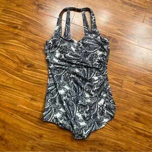 Lands End Black Gray White Paisley Ruched One Piece Swimsuit Size 12 Beach Swim